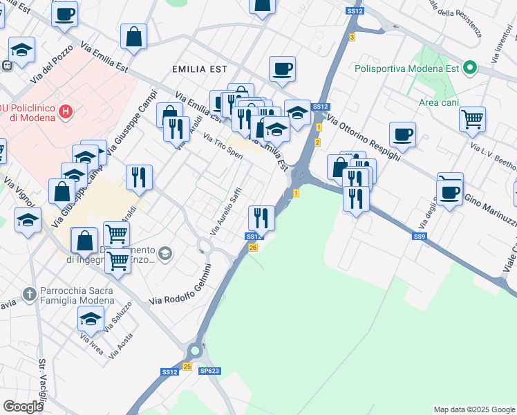 map of restaurants, bars, coffee shops, grocery stores, and more near 110-128 Via Nuova Estense in Modena