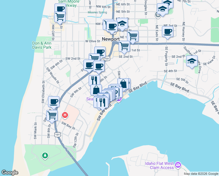 map of restaurants, bars, coffee shops, grocery stores, and more near 342 Southwest Coast Highway in Newport