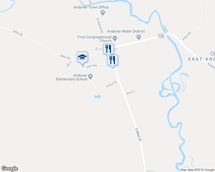 map of restaurants, bars, coffee shops, grocery stores, and more near Church Street in Andover
