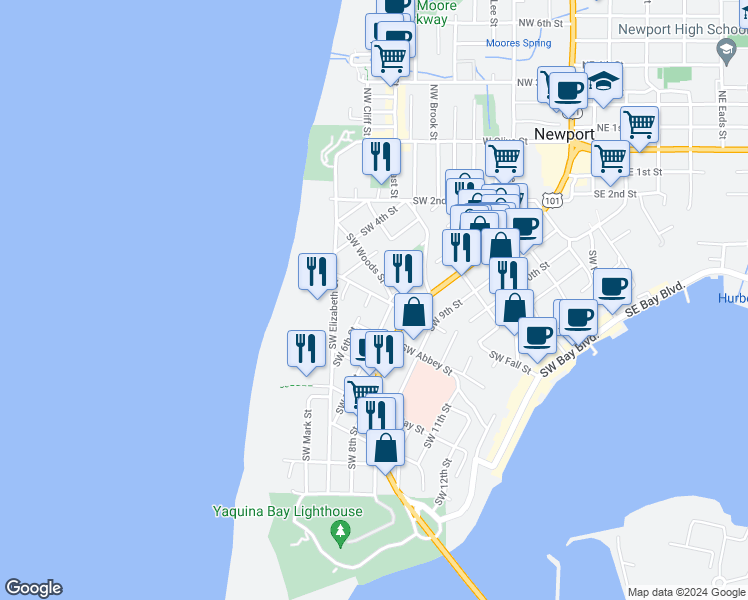 map of restaurants, bars, coffee shops, grocery stores, and more near 621 Southwest Abbey Street in Newport