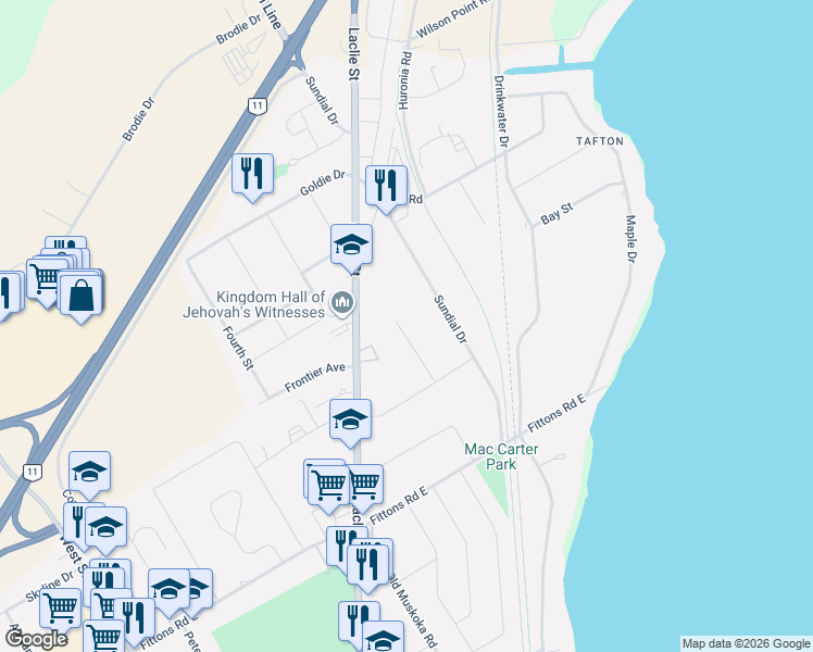 map of restaurants, bars, coffee shops, grocery stores, and more near 13 Free Drive in Orillia