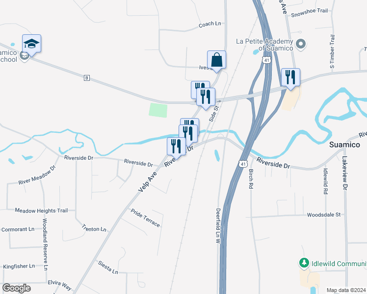 map of restaurants, bars, coffee shops, grocery stores, and more near 1776 Riverside Drive in Green Bay