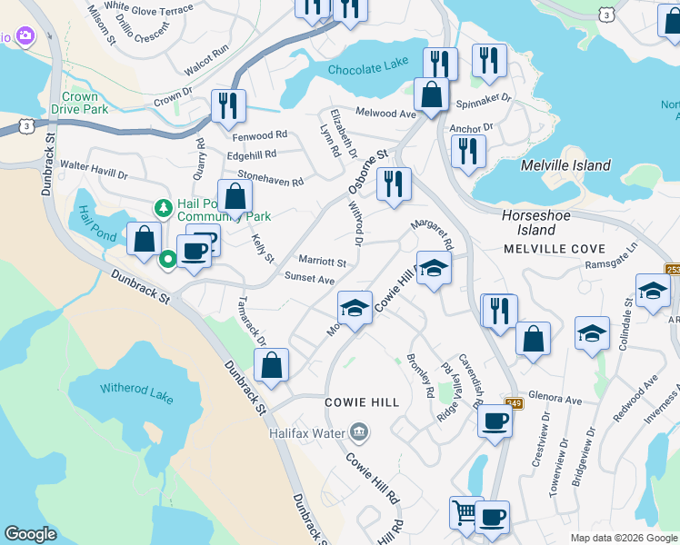 map of restaurants, bars, coffee shops, grocery stores, and more near 61 Withrod Drive in Halifax
