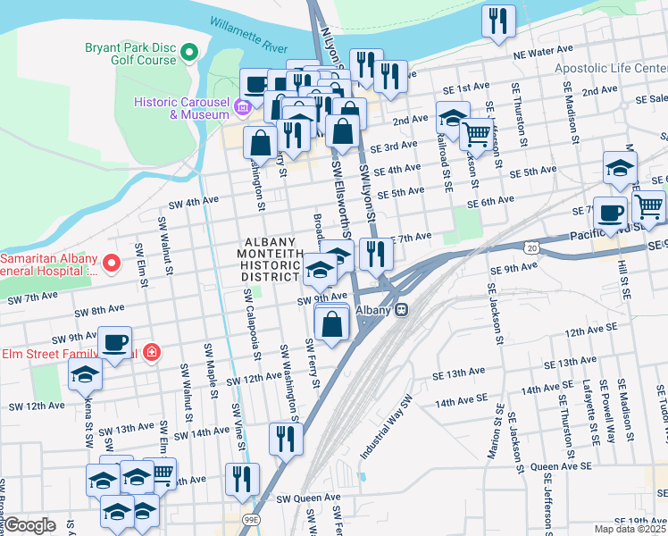 map of restaurants, bars, coffee shops, grocery stores, and more near 731 Southwest Broadalbin Street in Albany