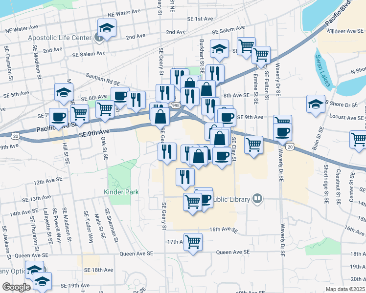 map of restaurants, bars, coffee shops, grocery stores, and more near 2020 Santiam Highway Southeast in Albany