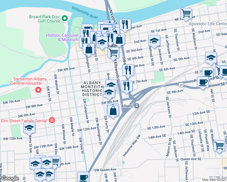 map of restaurants, bars, coffee shops, grocery stores, and more near 731 Southwest Broadalbin Street in Albany