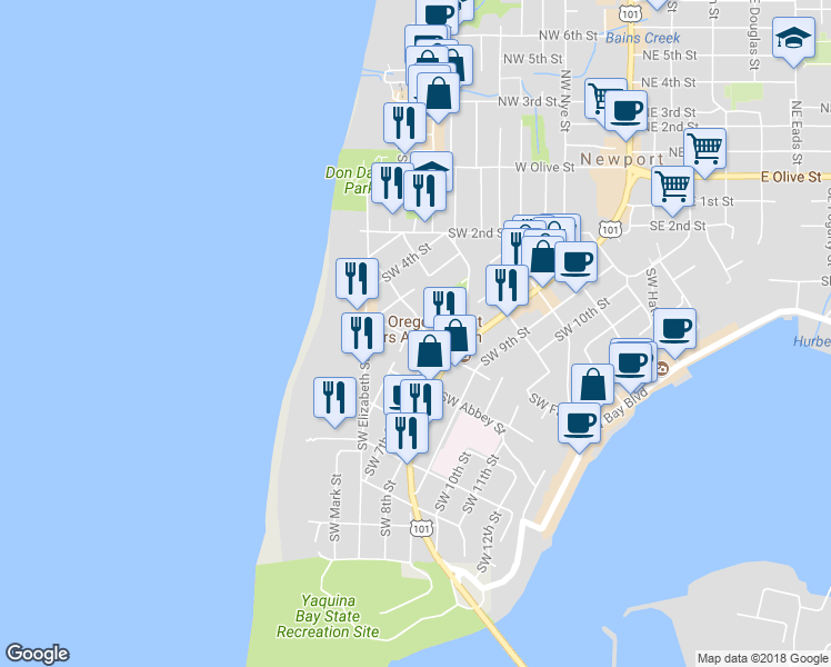 map of restaurants, bars, coffee shops, grocery stores, and more near 625 Southwest Fall Street in Newport
