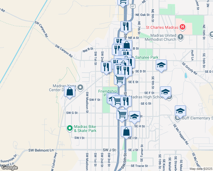 map of restaurants, bars, coffee shops, grocery stores, and more near 278 Southwest 3rd Street in Madras