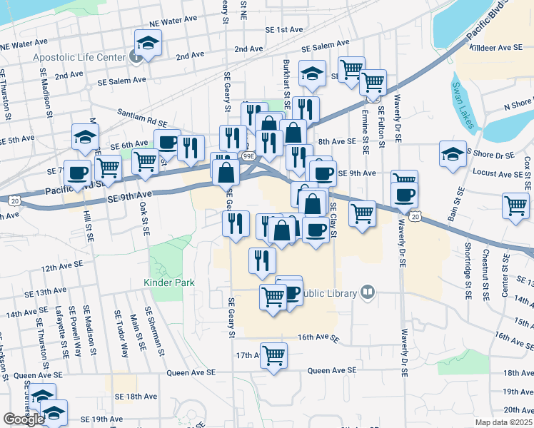 map of restaurants, bars, coffee shops, grocery stores, and more near 2020 Santiam Highway Southeast in Albany