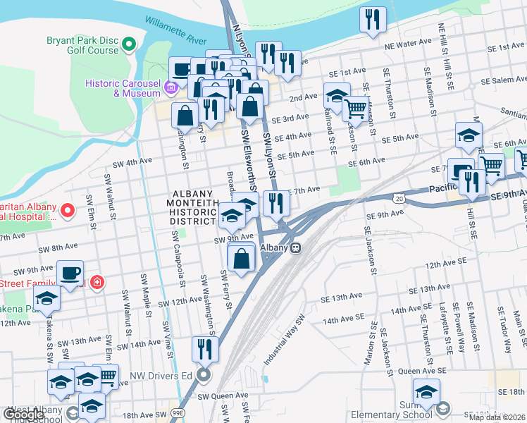map of restaurants, bars, coffee shops, grocery stores, and more near 138 Southwest 7th Avenue in Albany