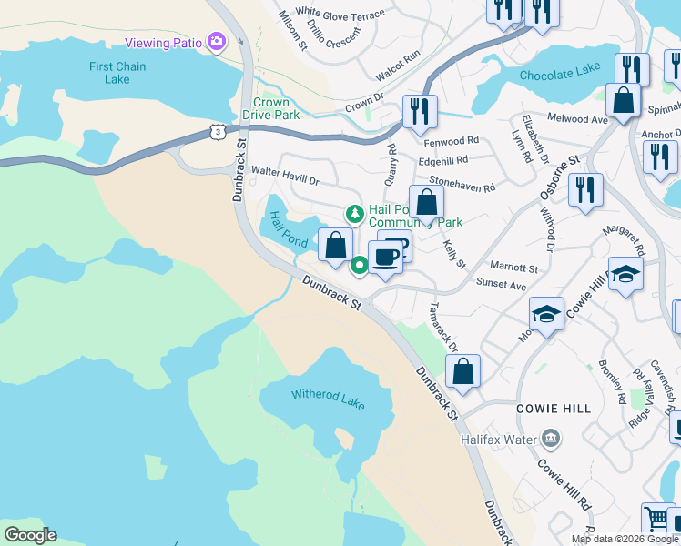 map of restaurants, bars, coffee shops, grocery stores, and more near 60 Walter Havill Drive in Halifax
