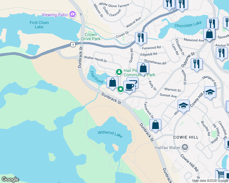 map of restaurants, bars, coffee shops, grocery stores, and more near 64 Walter Havill Drive in Halifax