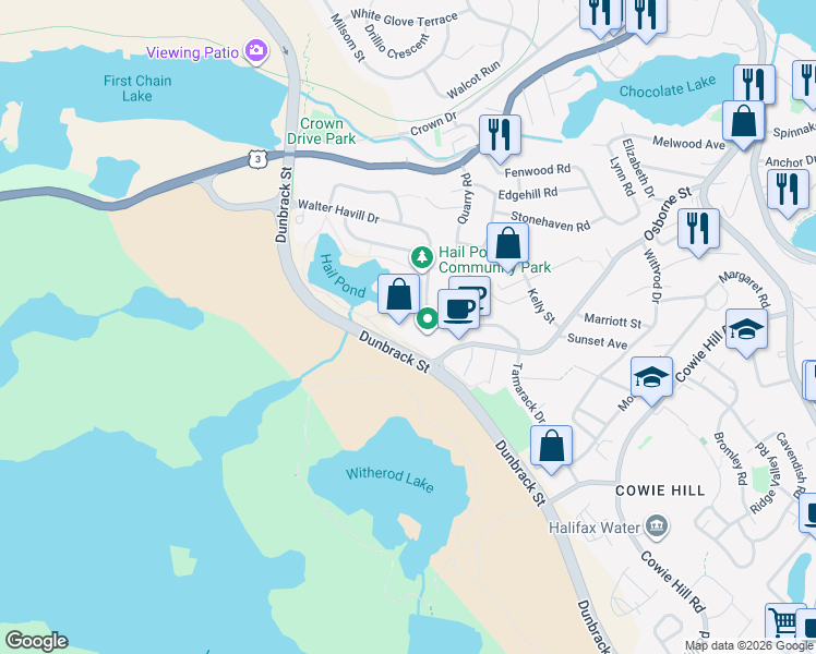 map of restaurants, bars, coffee shops, grocery stores, and more near 60 Walter Havill Drive in Halifax