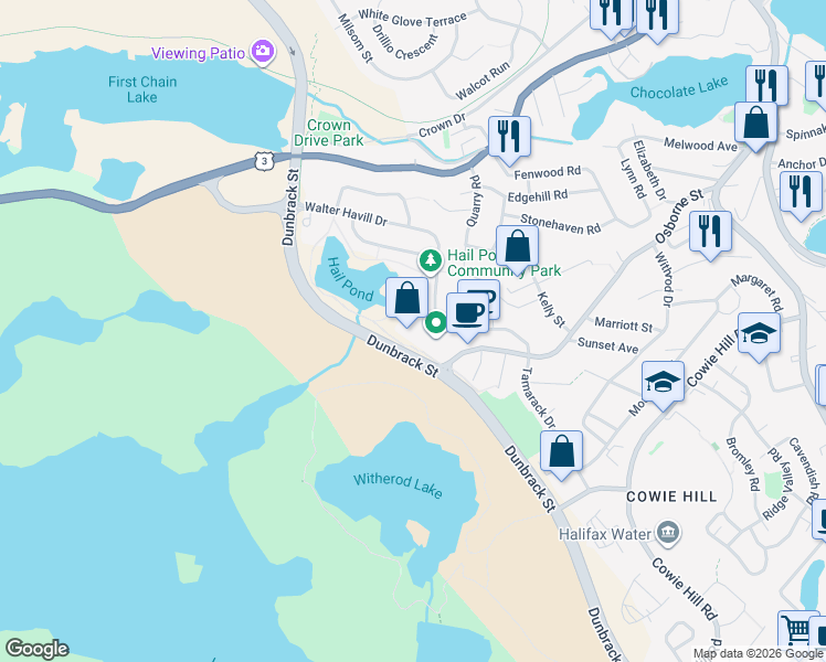map of restaurants, bars, coffee shops, grocery stores, and more near 60 Walter Havill Drive in Halifax