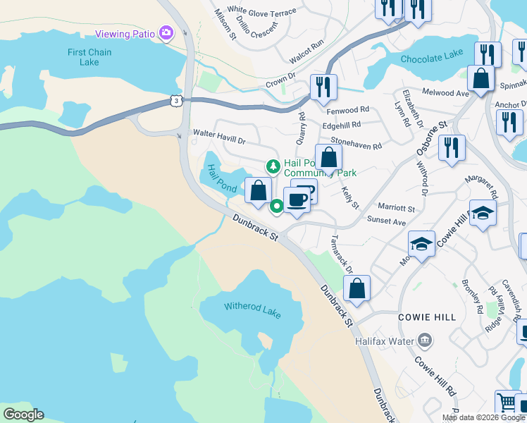 map of restaurants, bars, coffee shops, grocery stores, and more near 60 Walter Havill Drive in Halifax