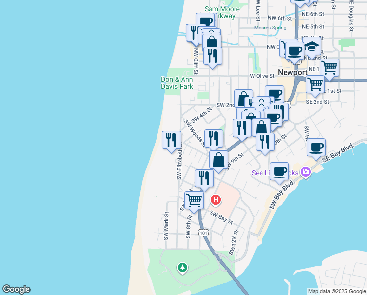 map of restaurants, bars, coffee shops, grocery stores, and more near 536 Southwest Elizabeth Street in Newport