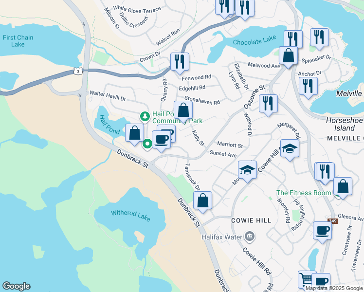 map of restaurants, bars, coffee shops, grocery stores, and more near 25 Walter Havill Drive in Halifax