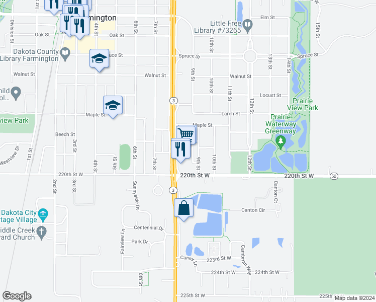 map of restaurants, bars, coffee shops, grocery stores, and more near 923 8th Street in Farmington