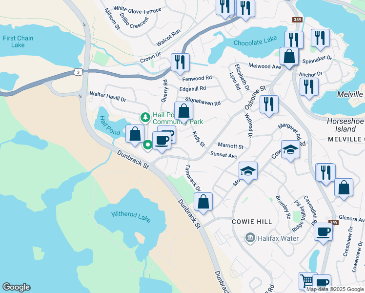 map of restaurants, bars, coffee shops, grocery stores, and more near 25 Walter Havill Drive in Halifax