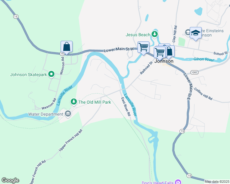 map of restaurants, bars, coffee shops, grocery stores, and more near Railroad Street in Johnson