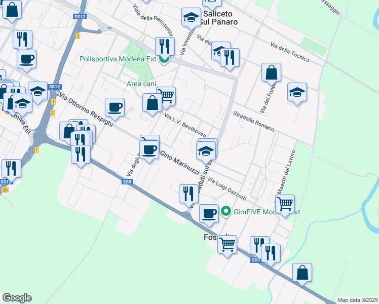 map of restaurants, bars, coffee shops, grocery stores, and more near 34 Via J.S. Bach in Modena