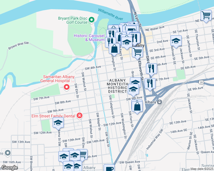 map of restaurants, bars, coffee shops, grocery stores, and more near 618 6th Avenue Southwest in Albany