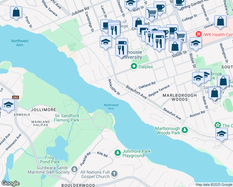 map of restaurants, bars, coffee shops, grocery stores, and more near 1126 Rockcliffe Street in Halifax
