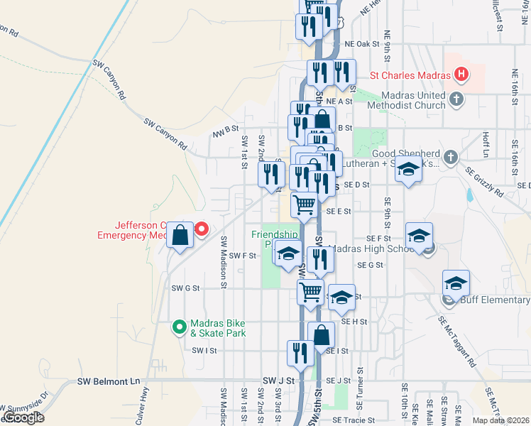 map of restaurants, bars, coffee shops, grocery stores, and more near in Madras