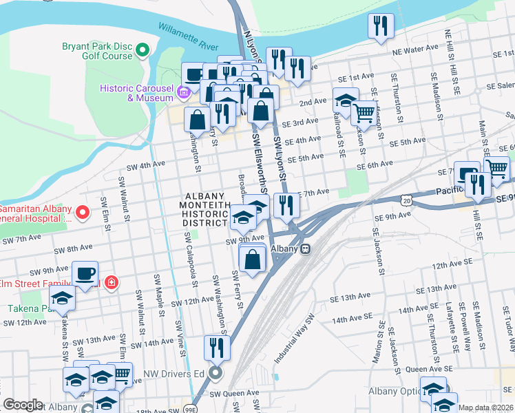 map of restaurants, bars, coffee shops, grocery stores, and more near 138 Southwest 7th Avenue in Albany