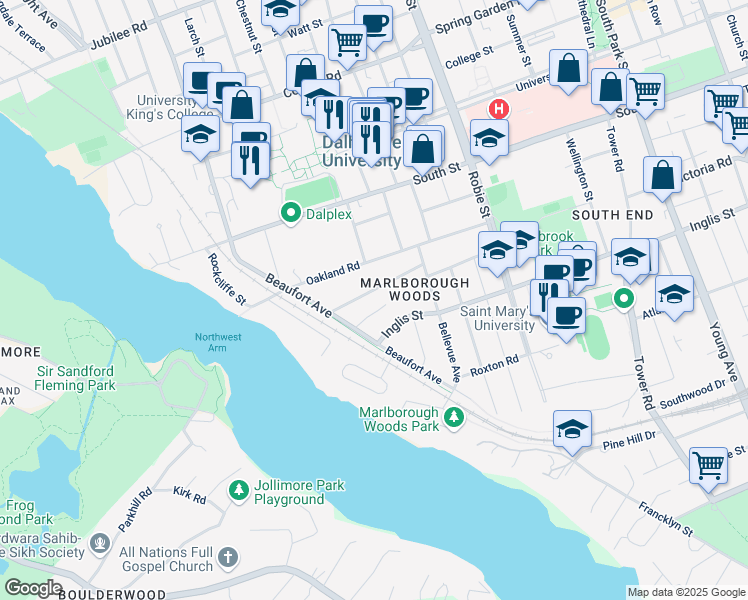 map of restaurants, bars, coffee shops, grocery stores, and more near 6200 Regina Terrace in Halifax
