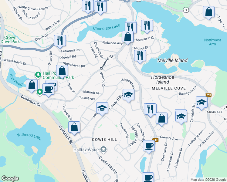 map of restaurants, bars, coffee shops, grocery stores, and more near 5 Mountain Road in Halifax
