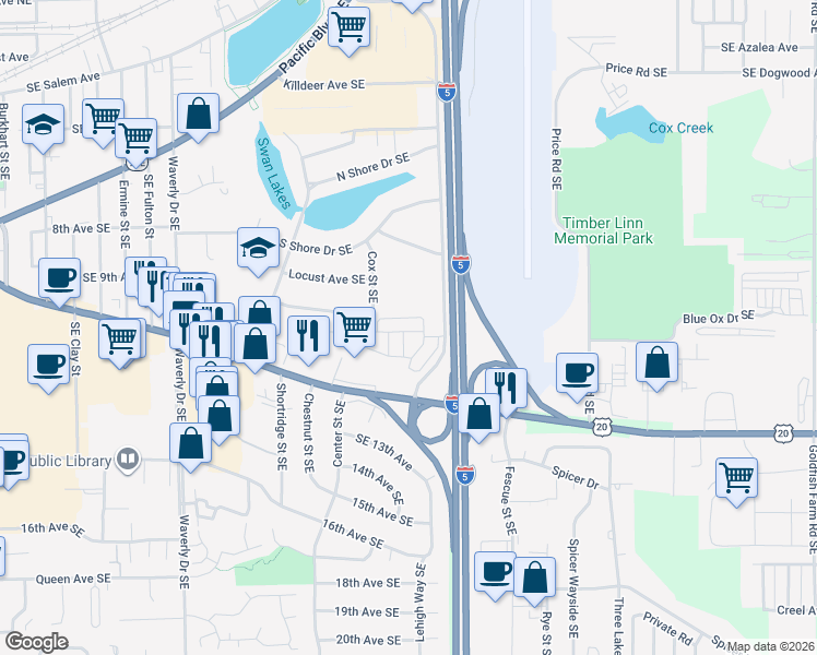 map of restaurants, bars, coffee shops, grocery stores, and more near 905 Cox Street Southeast in Albany