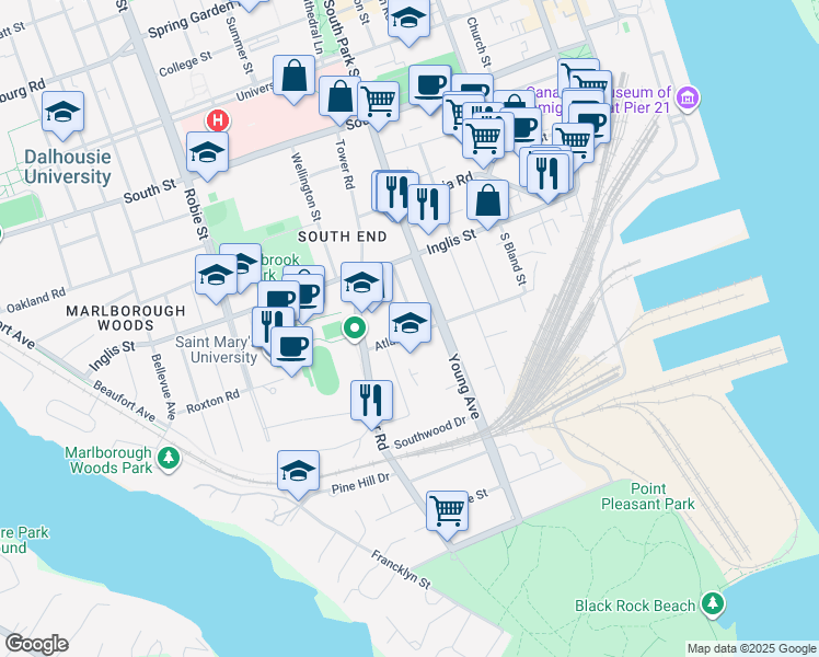 map of restaurants, bars, coffee shops, grocery stores, and more near 910 Ivanhoe Street in Halifax