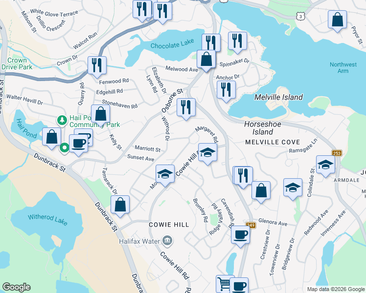 map of restaurants, bars, coffee shops, grocery stores, and more near 5 Mountain Road in Halifax