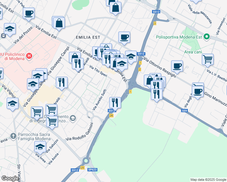 map of restaurants, bars, coffee shops, grocery stores, and more near 10 Via Vittoria Nenni in Modena