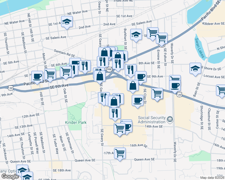 map of restaurants, bars, coffee shops, grocery stores, and more near 1013 Southeast Chicago Street in Albany