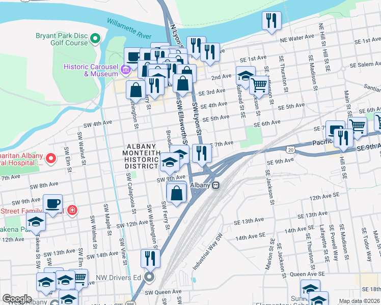 map of restaurants, bars, coffee shops, grocery stores, and more near 138 Southwest 7th Avenue in Albany