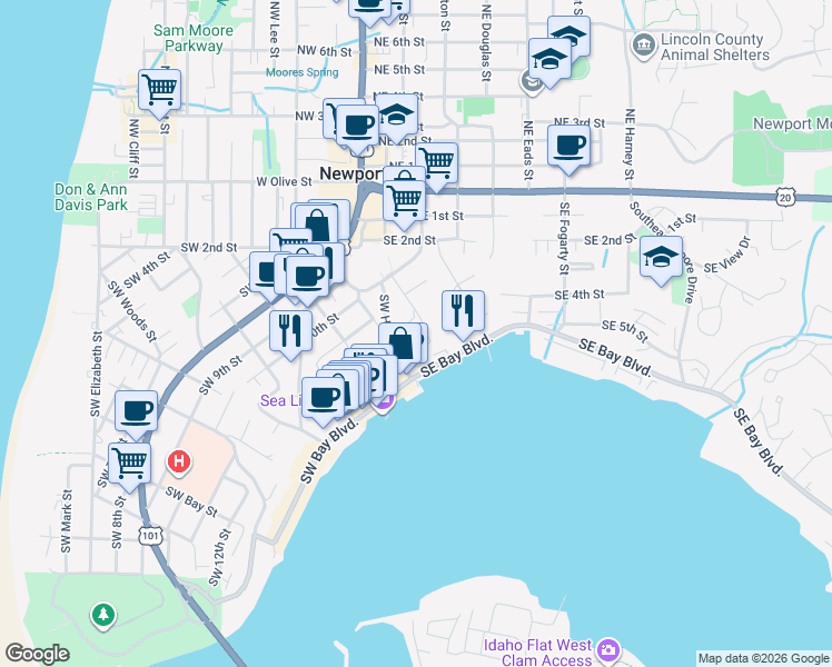 map of restaurants, bars, coffee shops, grocery stores, and more near 499 SW 12th St in Newport