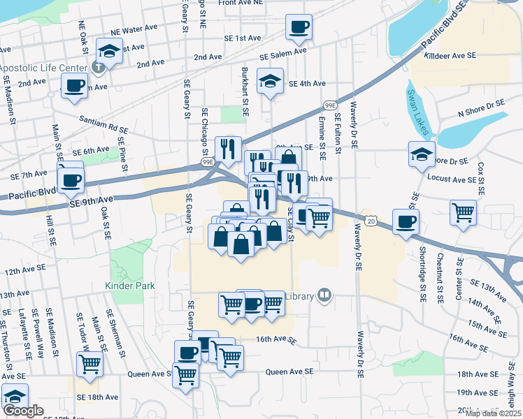 map of restaurants, bars, coffee shops, grocery stores, and more near 2206 Santiam Highway Southeast in Albany