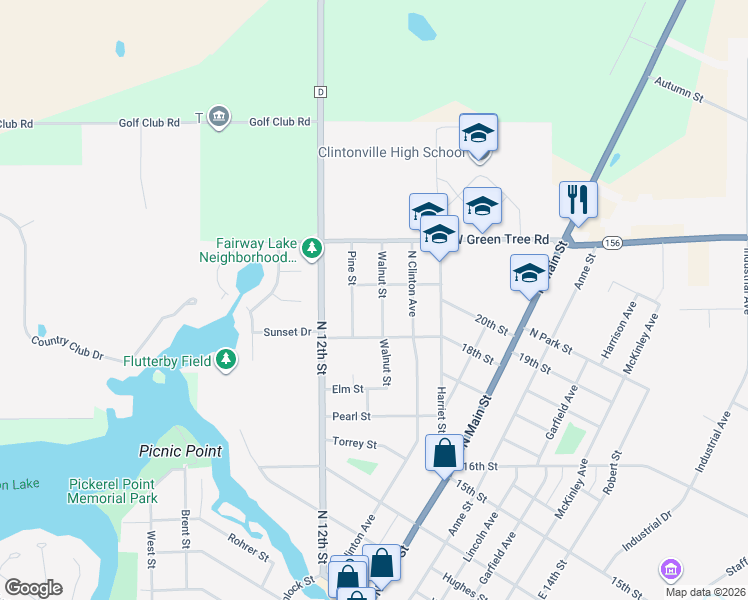 map of restaurants, bars, coffee shops, grocery stores, and more near 205 Walnut St in Clintonville
