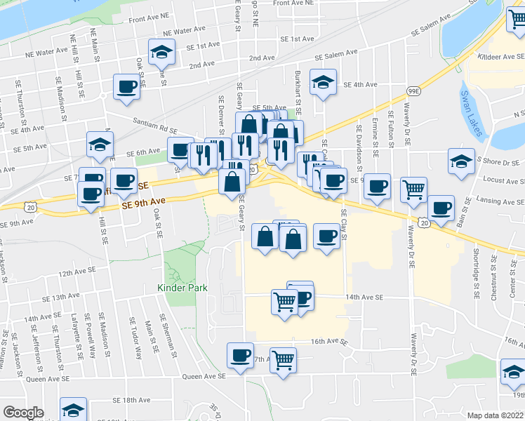 map of restaurants, bars, coffee shops, grocery stores, and more near 941 Southeast Geary Street in Albany