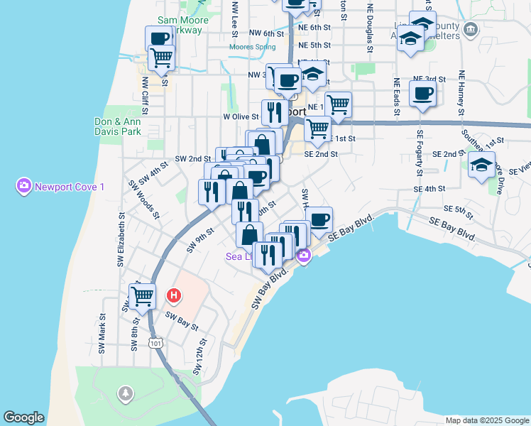map of restaurants, bars, coffee shops, grocery stores, and more near 1008 Southwest Lee Street in Newport