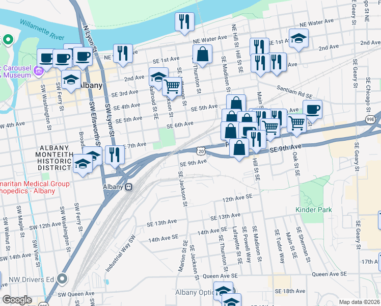 map of restaurants, bars, coffee shops, grocery stores, and more near 99792 Pacific Boulevard Southeast in Albany