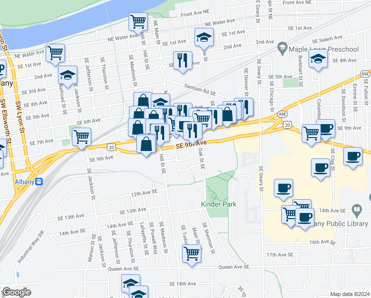 map of restaurants, bars, coffee shops, grocery stores, and more near 1140 Southeast 9th Avenue in Albany