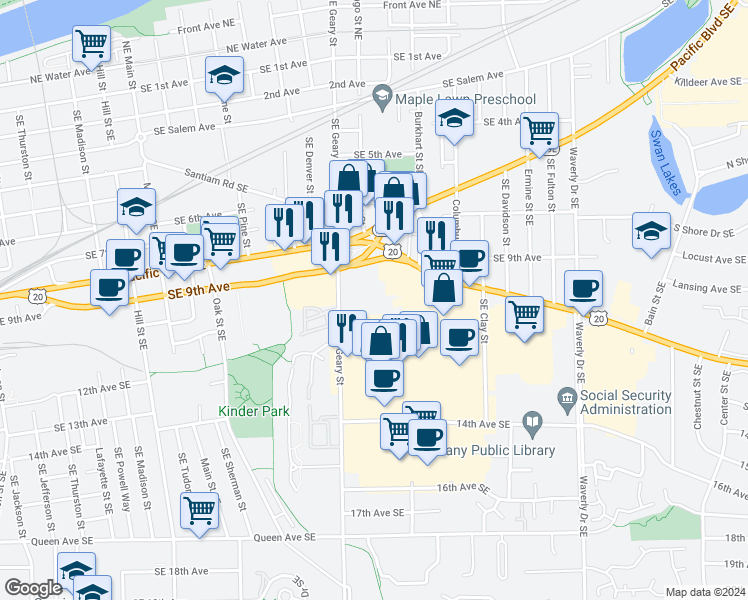 map of restaurants, bars, coffee shops, grocery stores, and more near 1007 Southeast Chicago Street in Albany