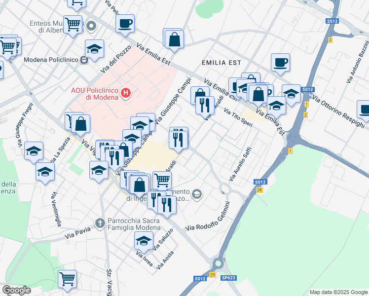 map of restaurants, bars, coffee shops, grocery stores, and more near 24 Via Ennio Carando in Modena