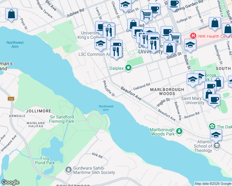 map of restaurants, bars, coffee shops, grocery stores, and more near 1111 Rockcliffe Street in Halifax