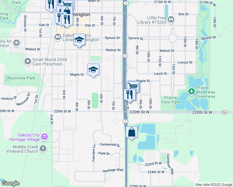 map of restaurants, bars, coffee shops, grocery stores, and more near 901 7th Street in Farmington