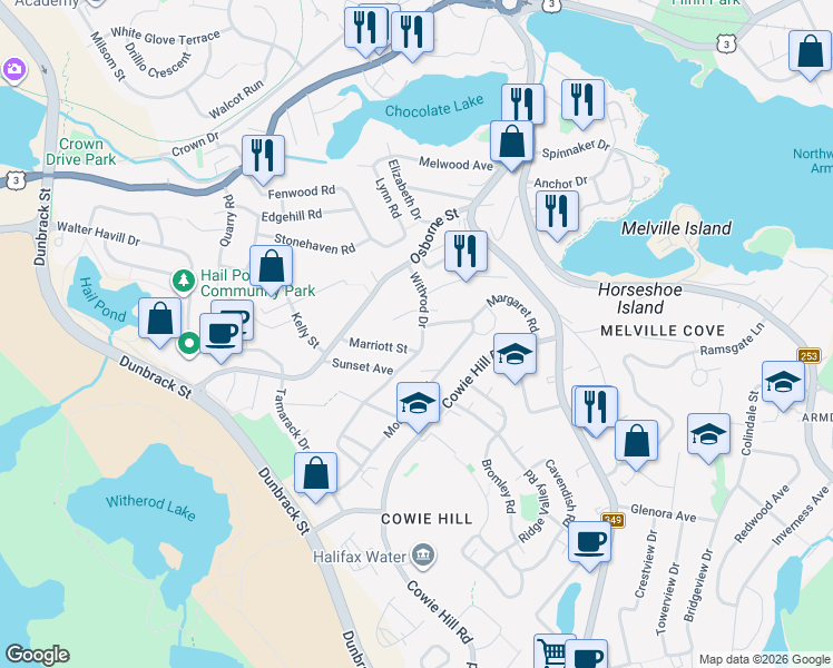 map of restaurants, bars, coffee shops, grocery stores, and more near 47 Withrod Drive in Halifax