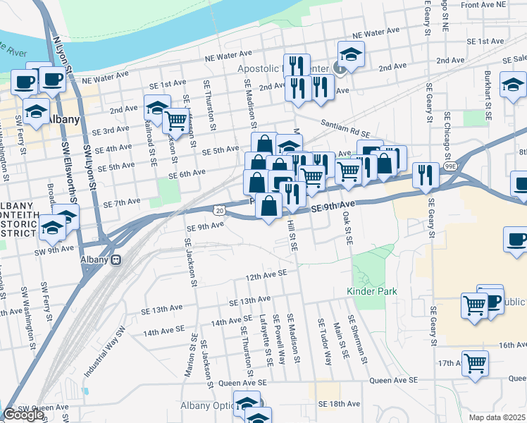 map of restaurants, bars, coffee shops, grocery stores, and more near 830 Southeast Madison Street in Albany